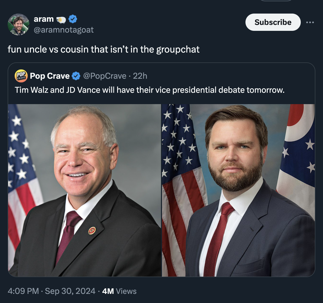 jd vance - aram Subscribe fun uncle vs cousin that isn't in the groupchat Pop Crave 22h Tim Walz and Jd Vance will have their vice presidential debate tomorrow. 4M Views